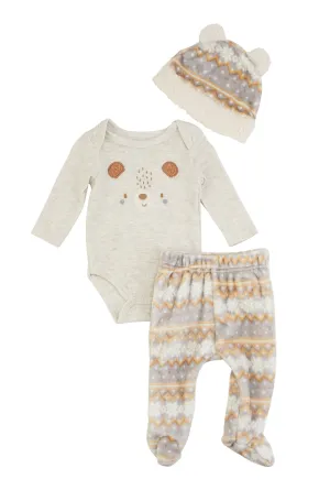 Baby Boys 0-9M Bear Graphic Bodysuit with Fair Isle Footed Pants and Hat