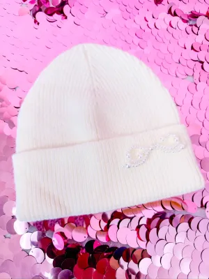 CUTESY PEARL BOW BEANIE - WHITE