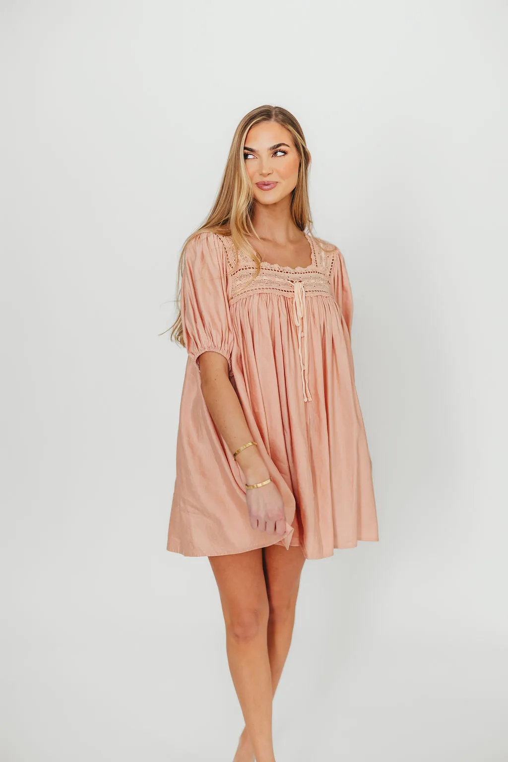Dottie Lace Trim Linen-Blend Mini Dress in Blush