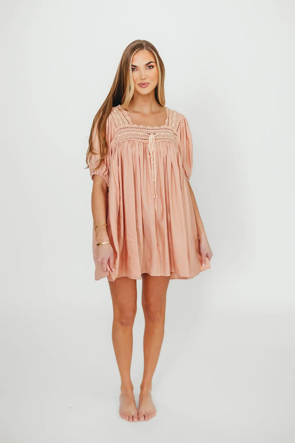 Dottie Lace Trim Linen-Blend Mini Dress in Blush