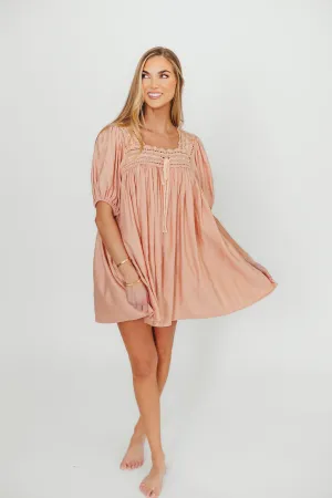 Dottie Lace Trim Linen-Blend Mini Dress in Blush