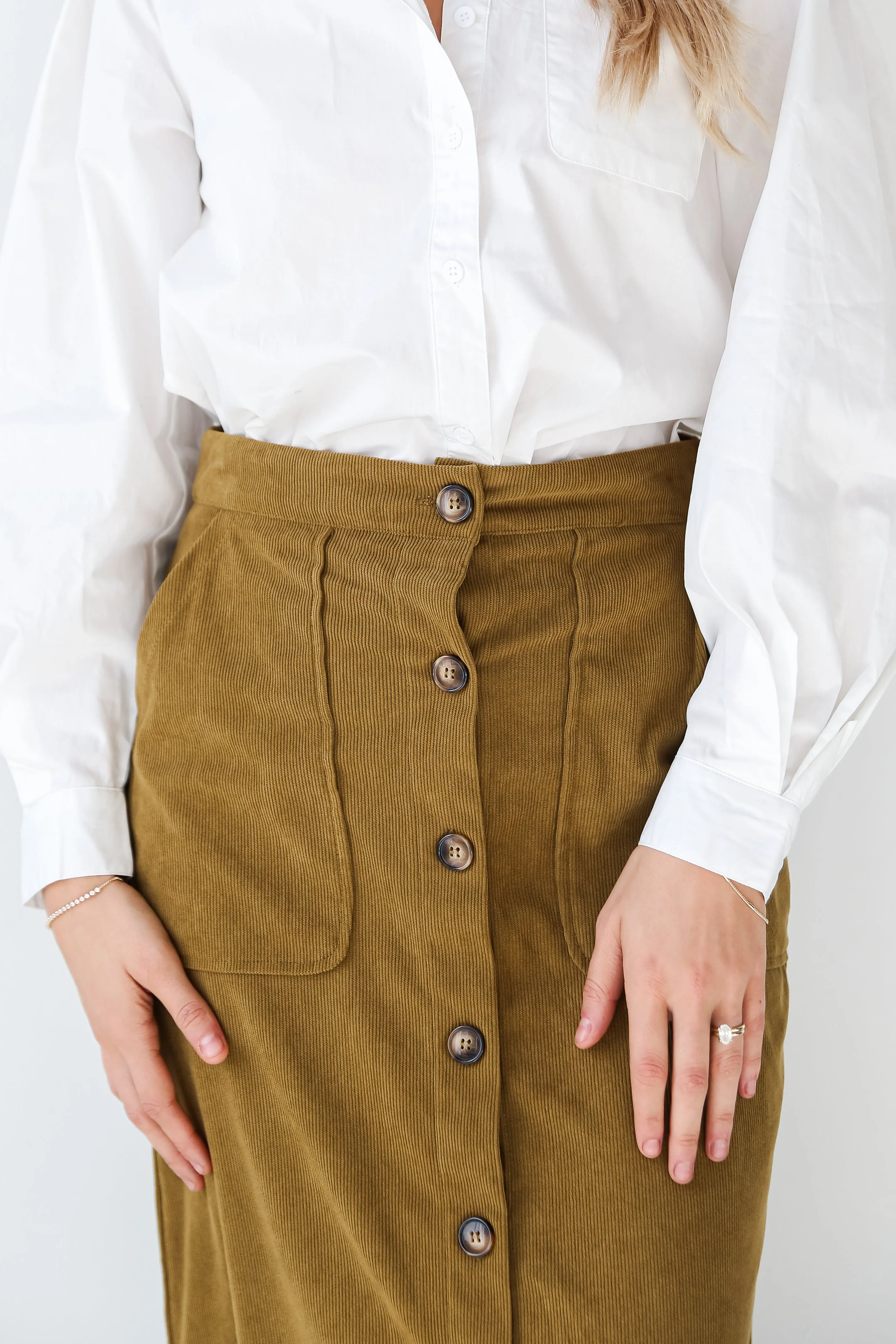 FINAL SALE - Iconic Vibes Olive Corduroy Midi Skirt - DOORBUSTER