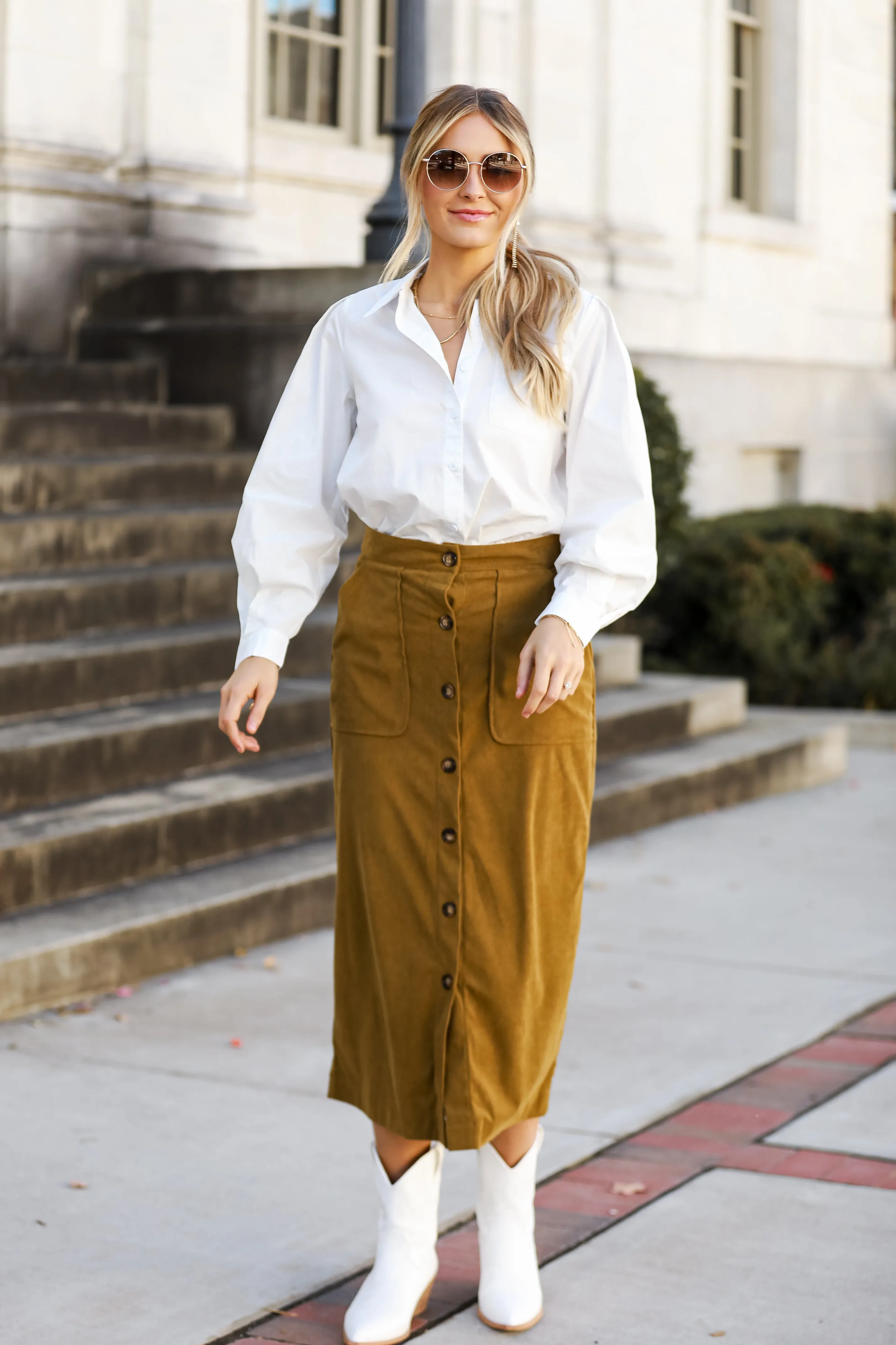 FINAL SALE - Iconic Vibes Olive Corduroy Midi Skirt - DOORBUSTER