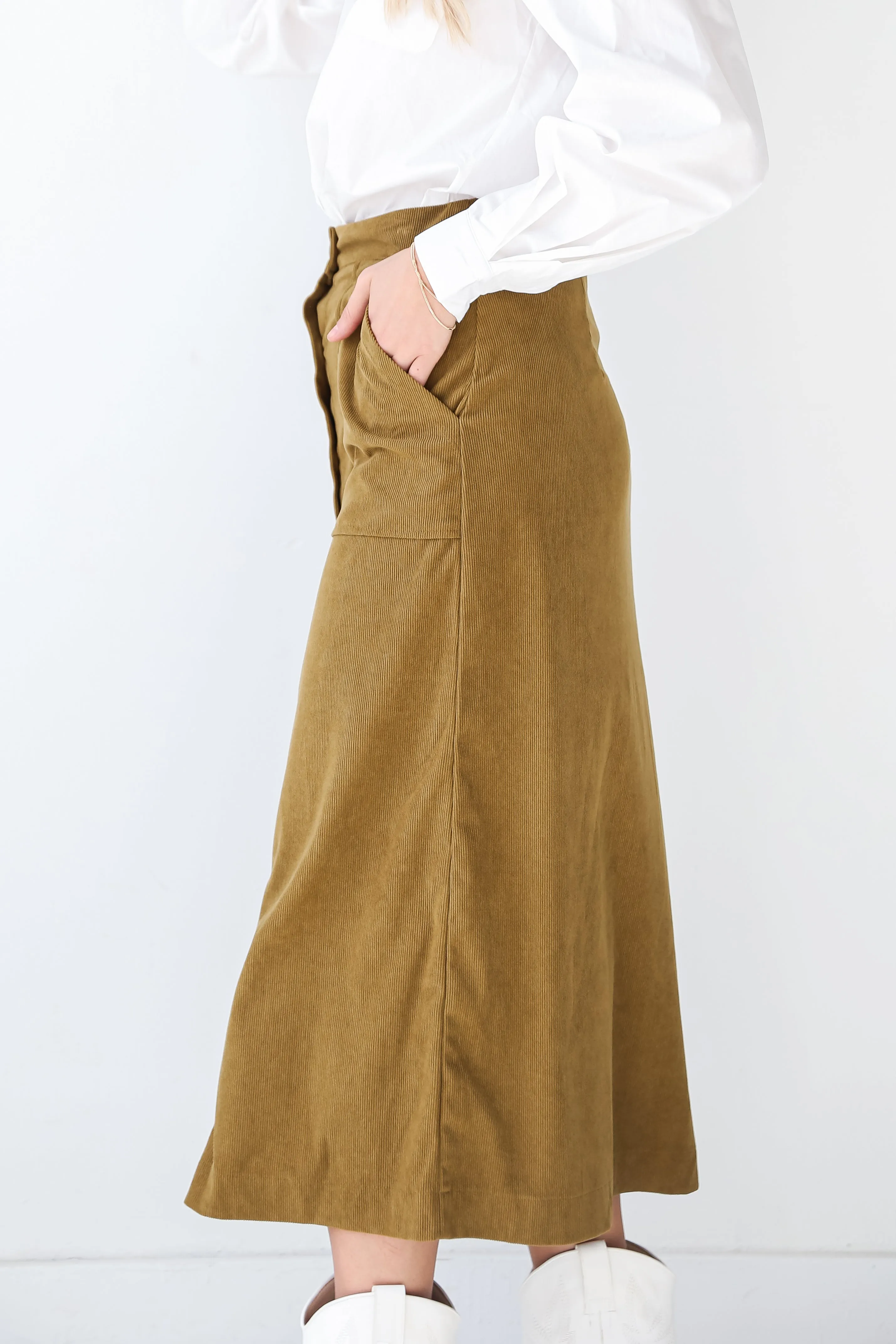 FINAL SALE - Iconic Vibes Olive Corduroy Midi Skirt - DOORBUSTER