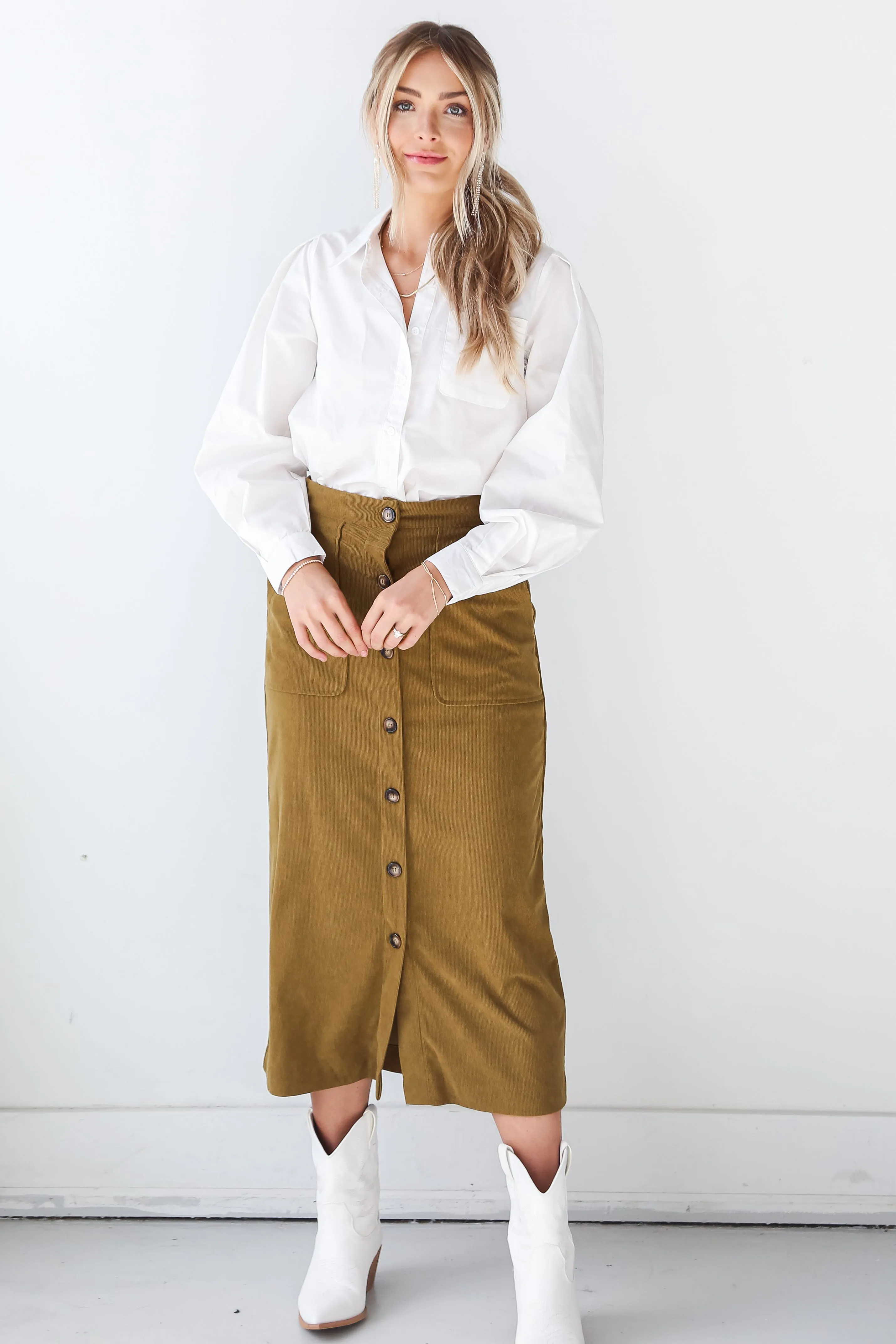 FINAL SALE - Iconic Vibes Olive Corduroy Midi Skirt - DOORBUSTER