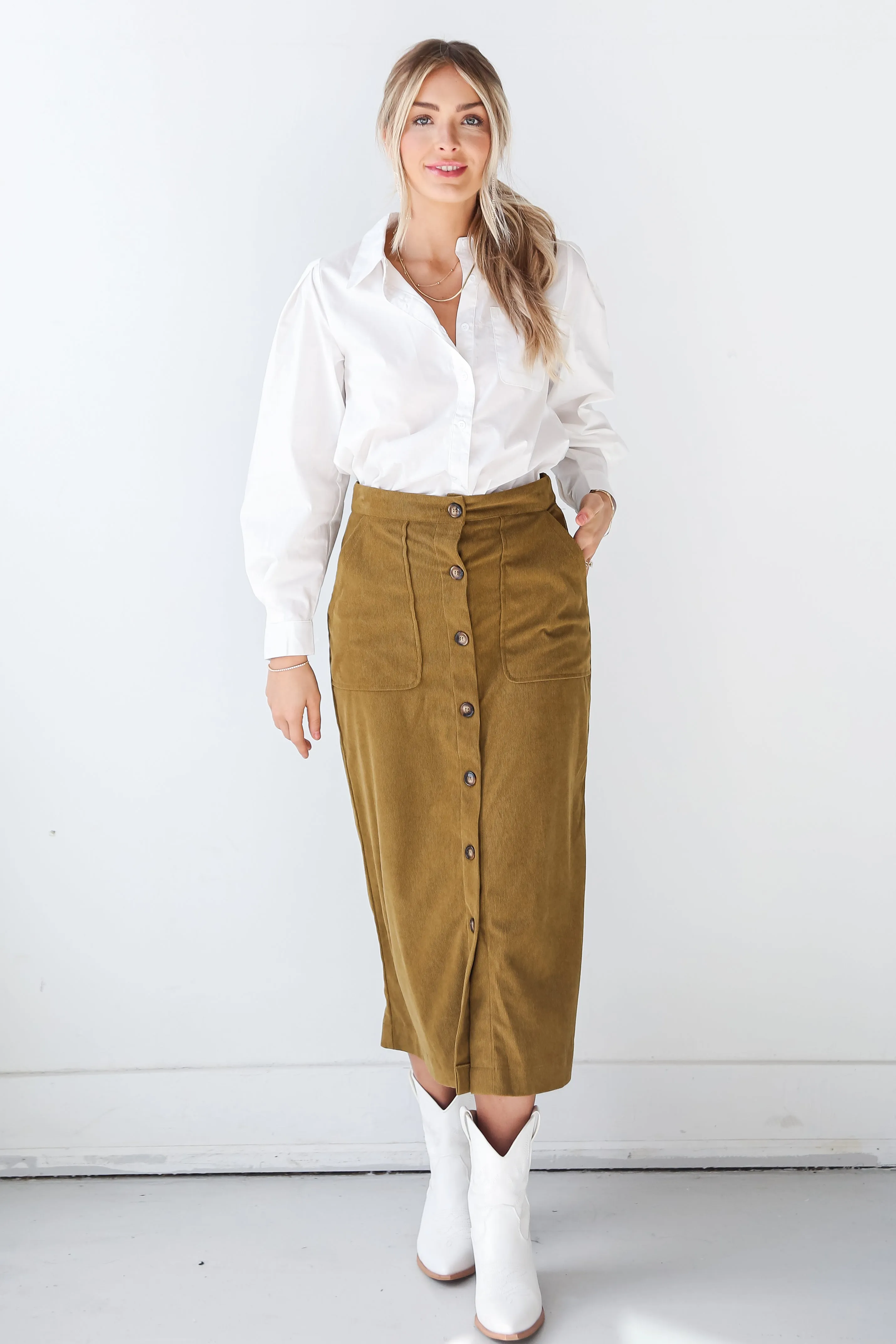 FINAL SALE - Iconic Vibes Olive Corduroy Midi Skirt - DOORBUSTER