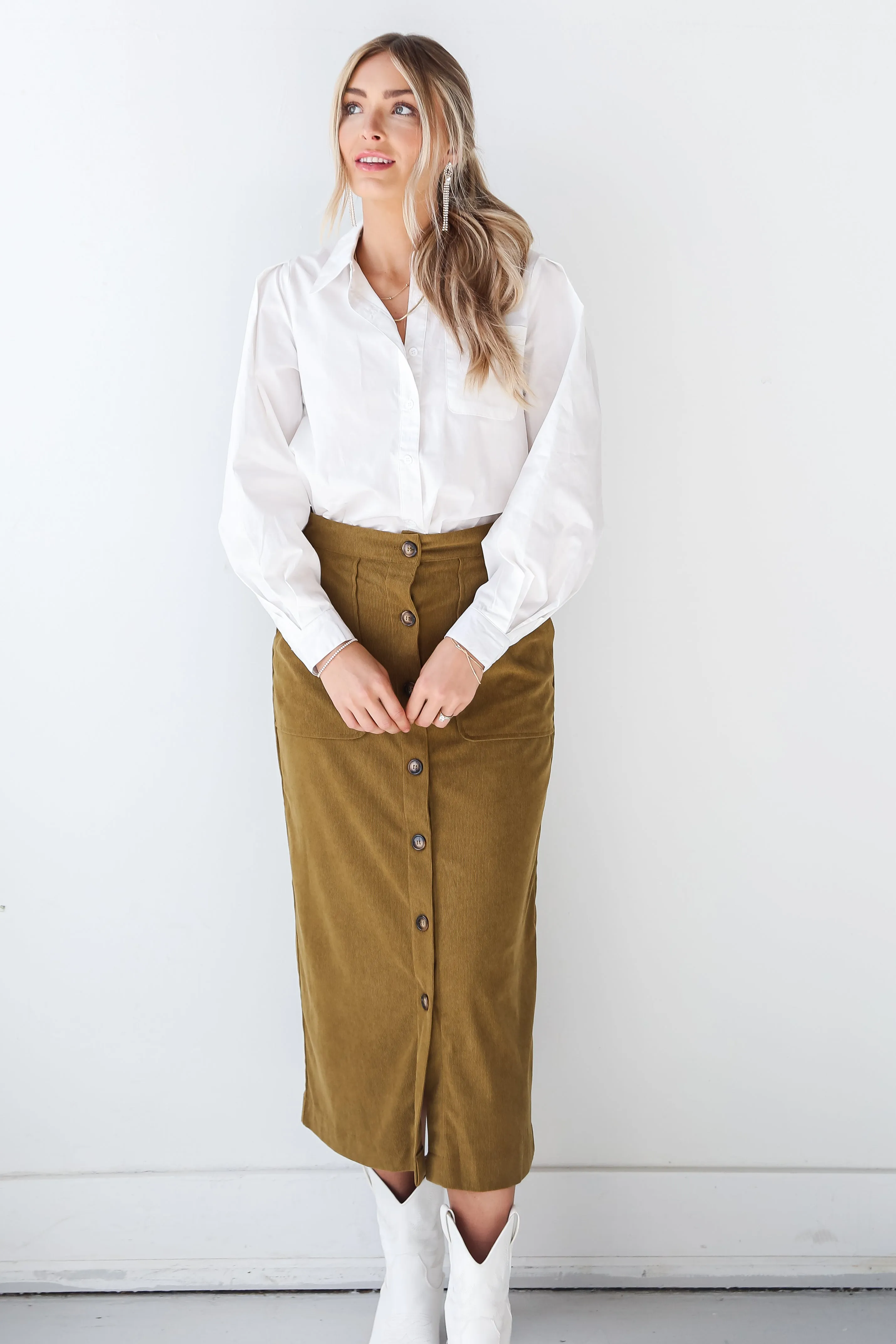 FINAL SALE - Iconic Vibes Olive Corduroy Midi Skirt - DOORBUSTER