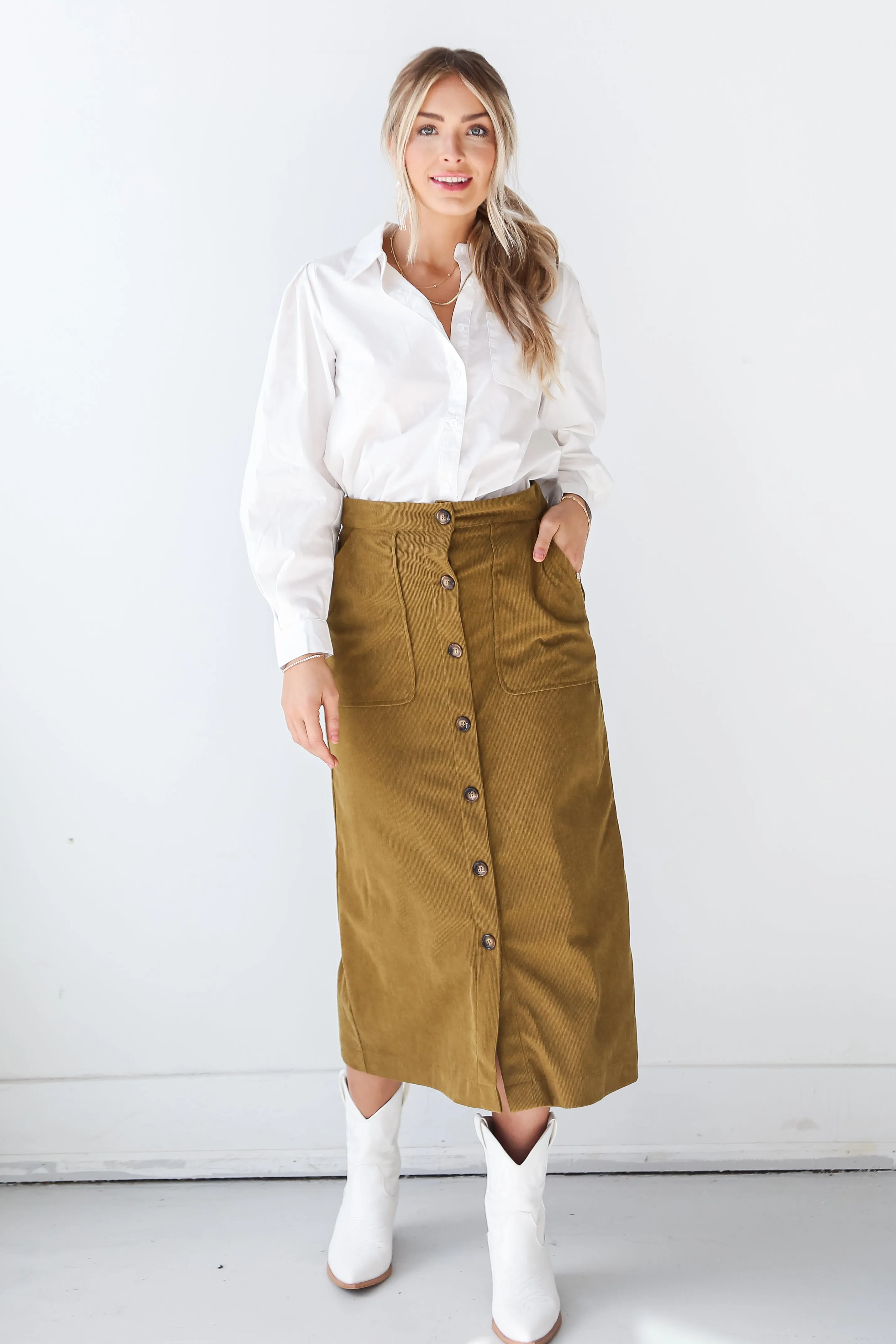 FINAL SALE - Iconic Vibes Olive Corduroy Midi Skirt - DOORBUSTER