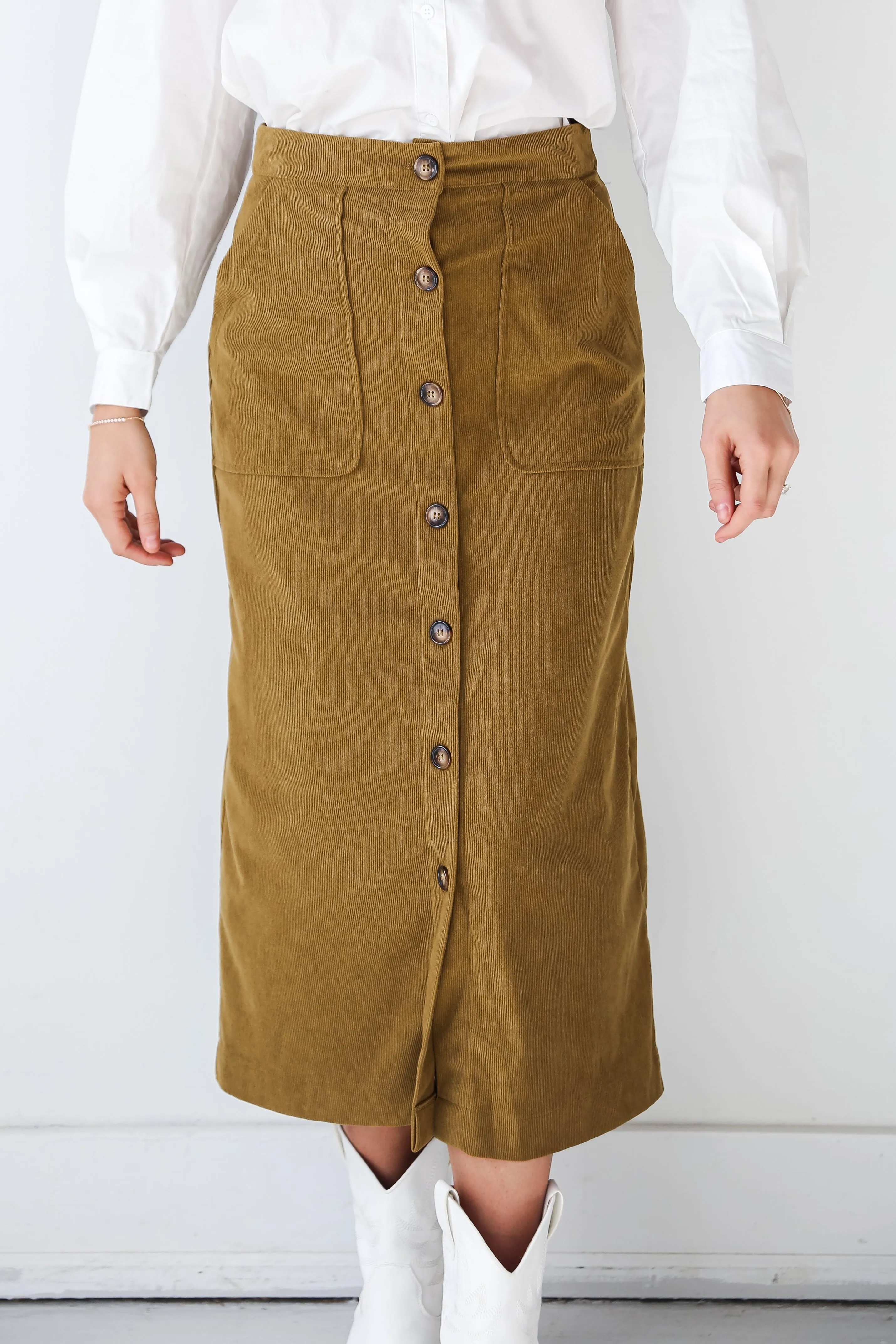 FINAL SALE - Iconic Vibes Olive Corduroy Midi Skirt - DOORBUSTER