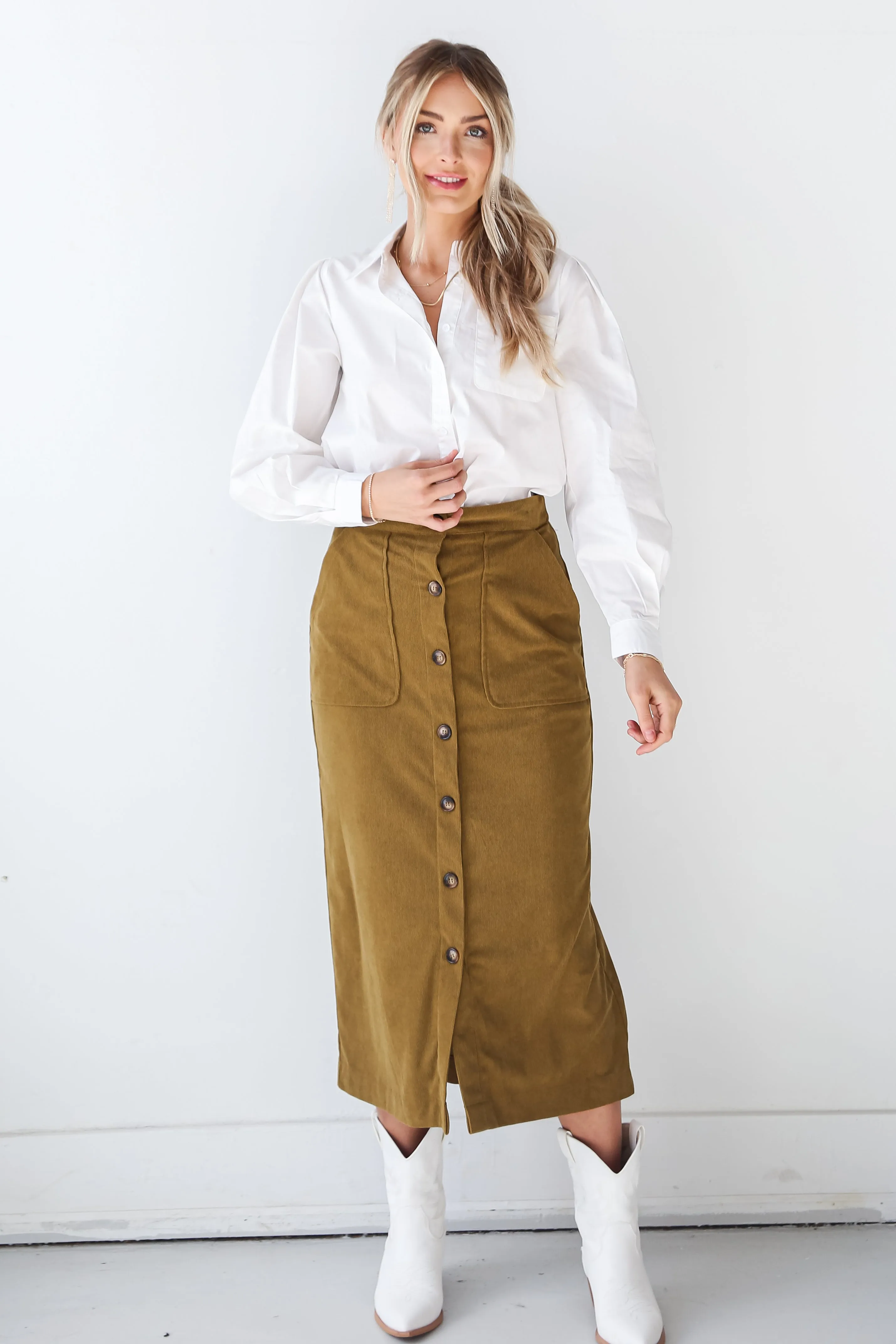 FINAL SALE - Iconic Vibes Olive Corduroy Midi Skirt - DOORBUSTER