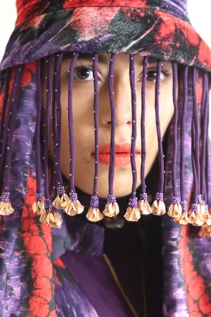 Velvet Printed Bucket Hat with Deep Violet Tassels