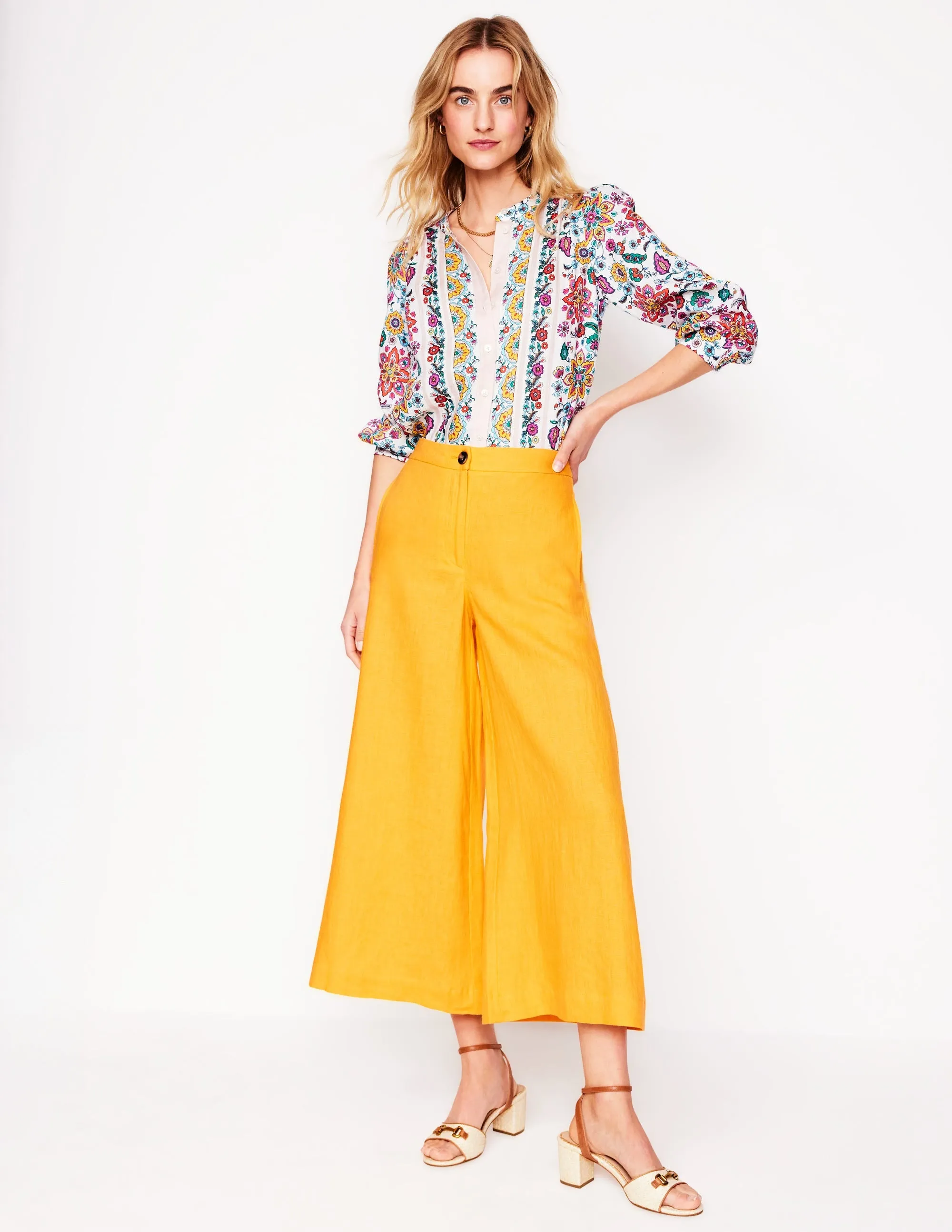 Wide Crop Linen Trousers-Summers Sun Yellow